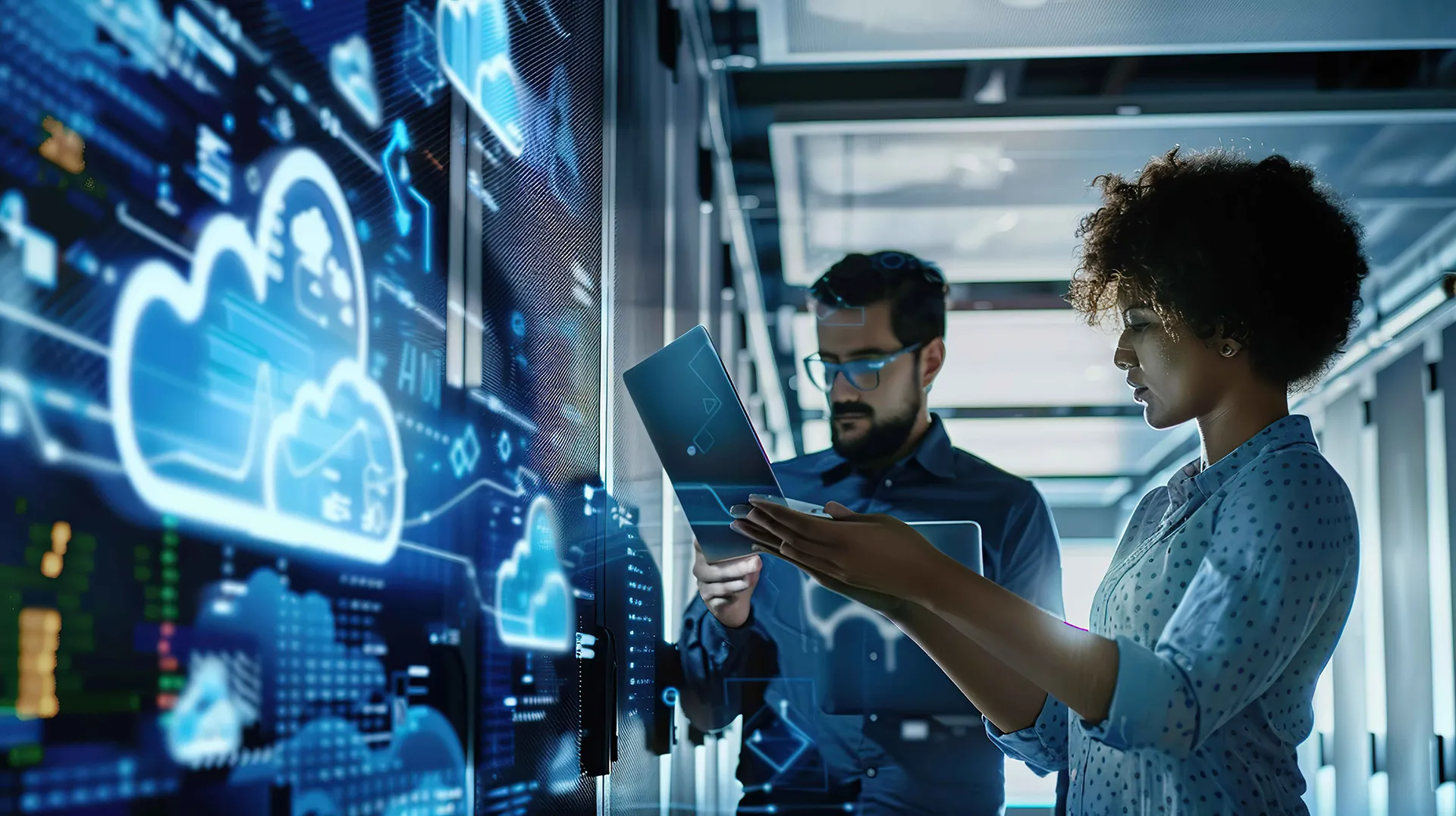 IT professionals reviewing cloud infrastructure data