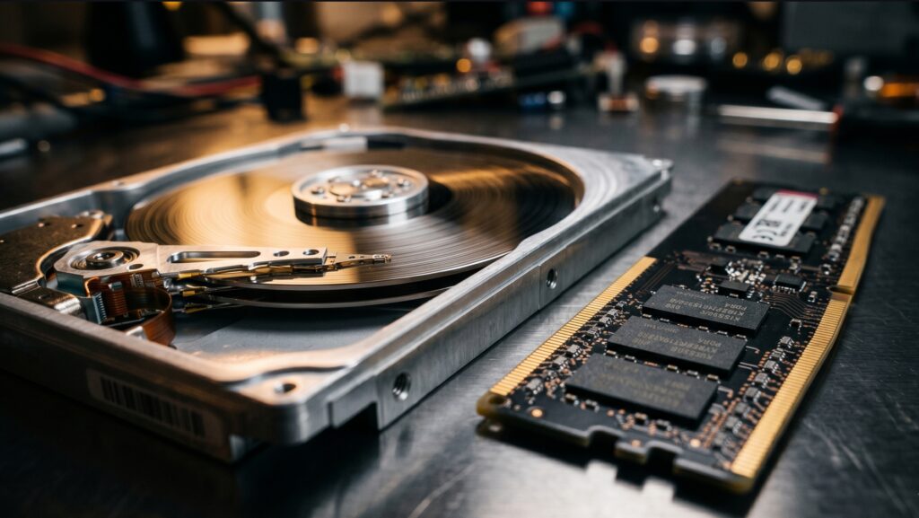 A close-up, high-resolution macro photograph of exposed computer hardware components, featuring a hard disk drive (HDD) with a visible polished platter and actuator arm, resting next to a stick of random access memory (RAM) with exposed circuits and memory chips. The image visually represents enterprise computing hardware, custom system integration, and hardware fulfillment solutions.