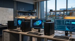 Computer workstation displaying CAD designs for architecture and engineering projects