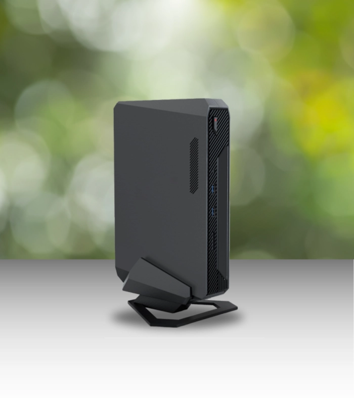 Compact desktop workstation mounted on a vertical stand