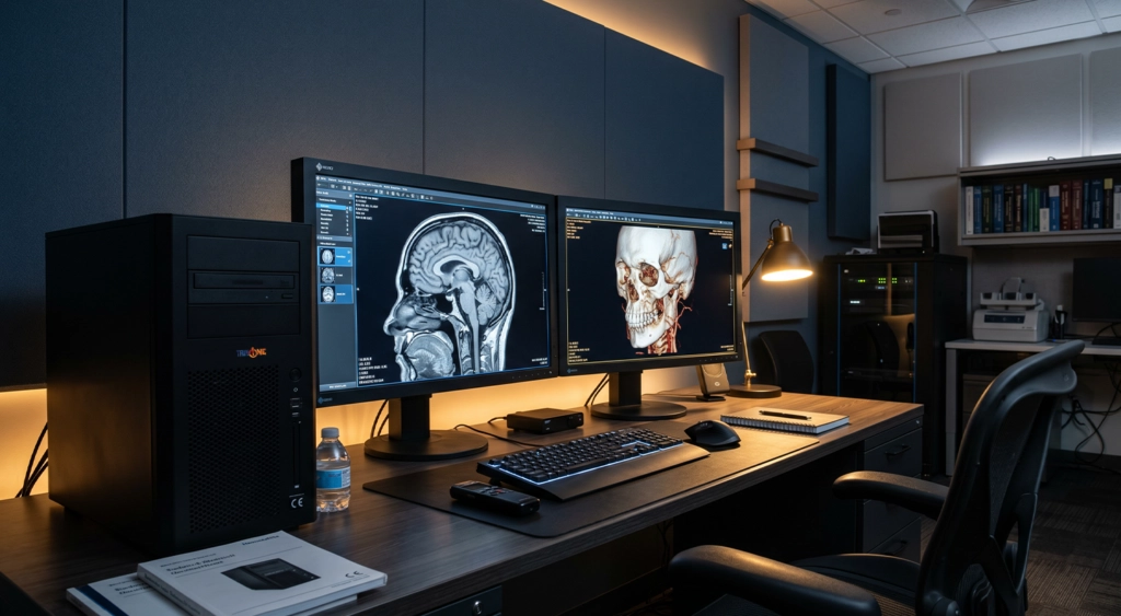Medical imaging workstation displaying MRI and 3D skull scans