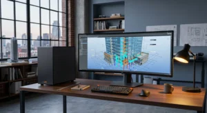 Architecture workstation displaying 3D BIM building model