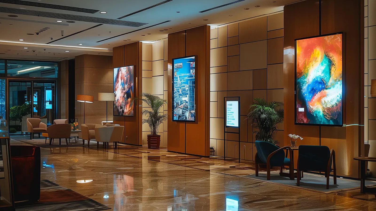 Digital art displays in upscale hotel lobby