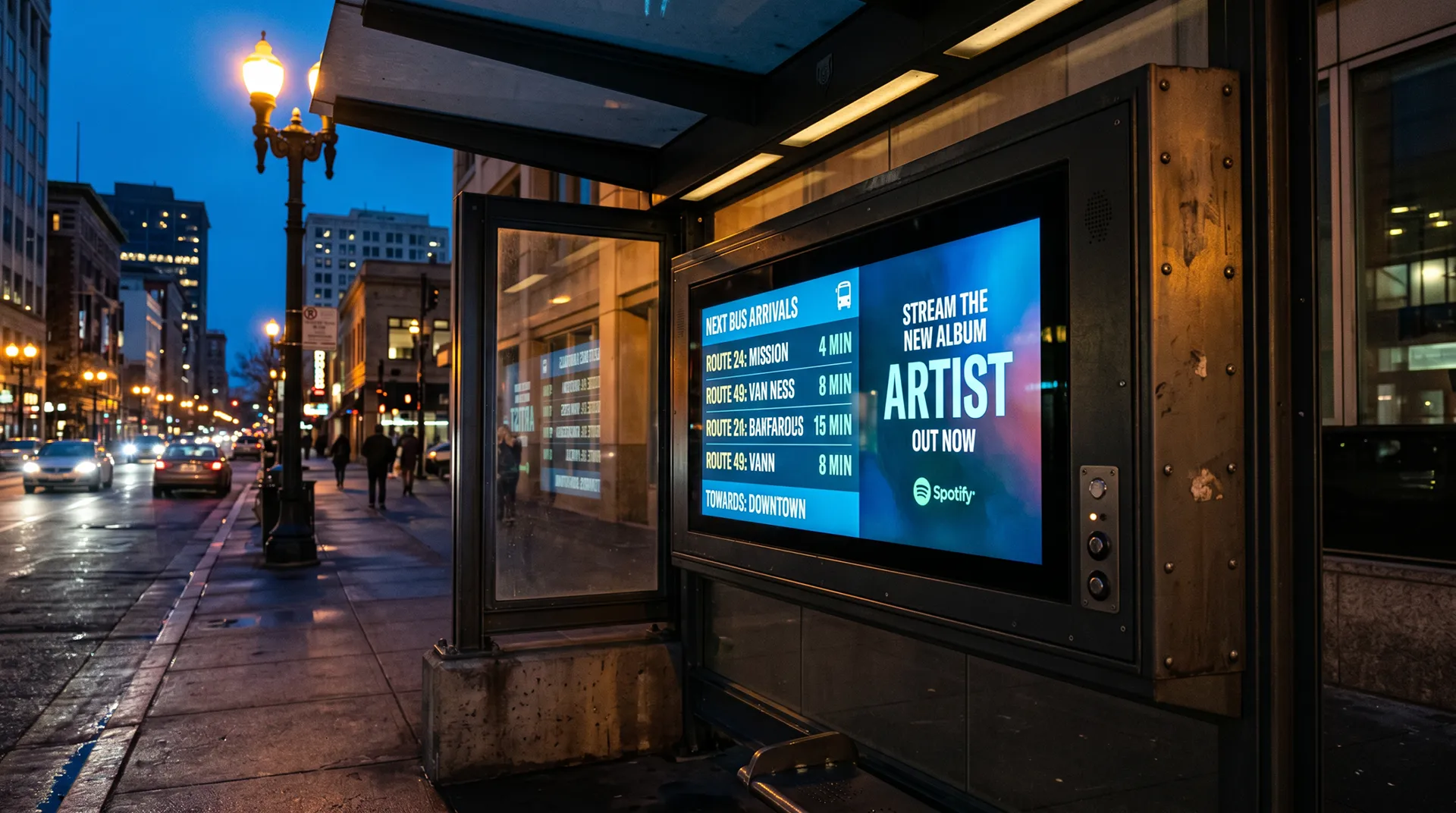 Outdoor digital signage display at city bus stop